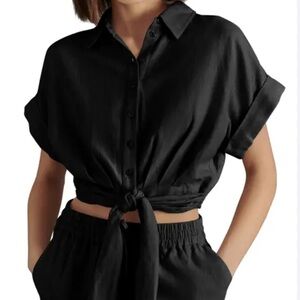 Steve Madden Black Cuffed Sleeve Button Down Crop Top